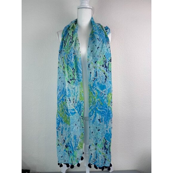 Lilly Pulitzer women's blue spa lets cha‎ cha murfee scarf silk cashmere NWT - Picture 2 of 8